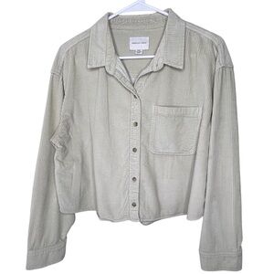 American Eagle Corduroy Pale Green Crop Button Down Women Top Sz M Barn Layers